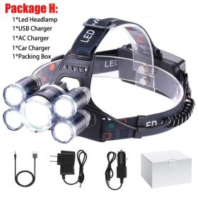 T20 LED Headlamp High Lumen 3/5 LED Light Ultra Bright Headlight USB Rechargeable 4 Modes Flashlight Waterproof Fishing Hunting (Body Color: With 2x18650 Battery, Emitting Color: 5LED Package H)